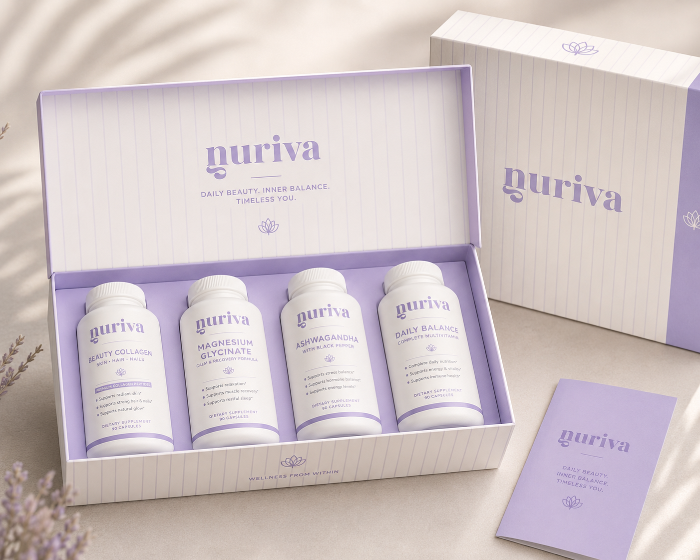 The Nuriva starter set — four bottles in a lavender keepsake box with welcome booklet