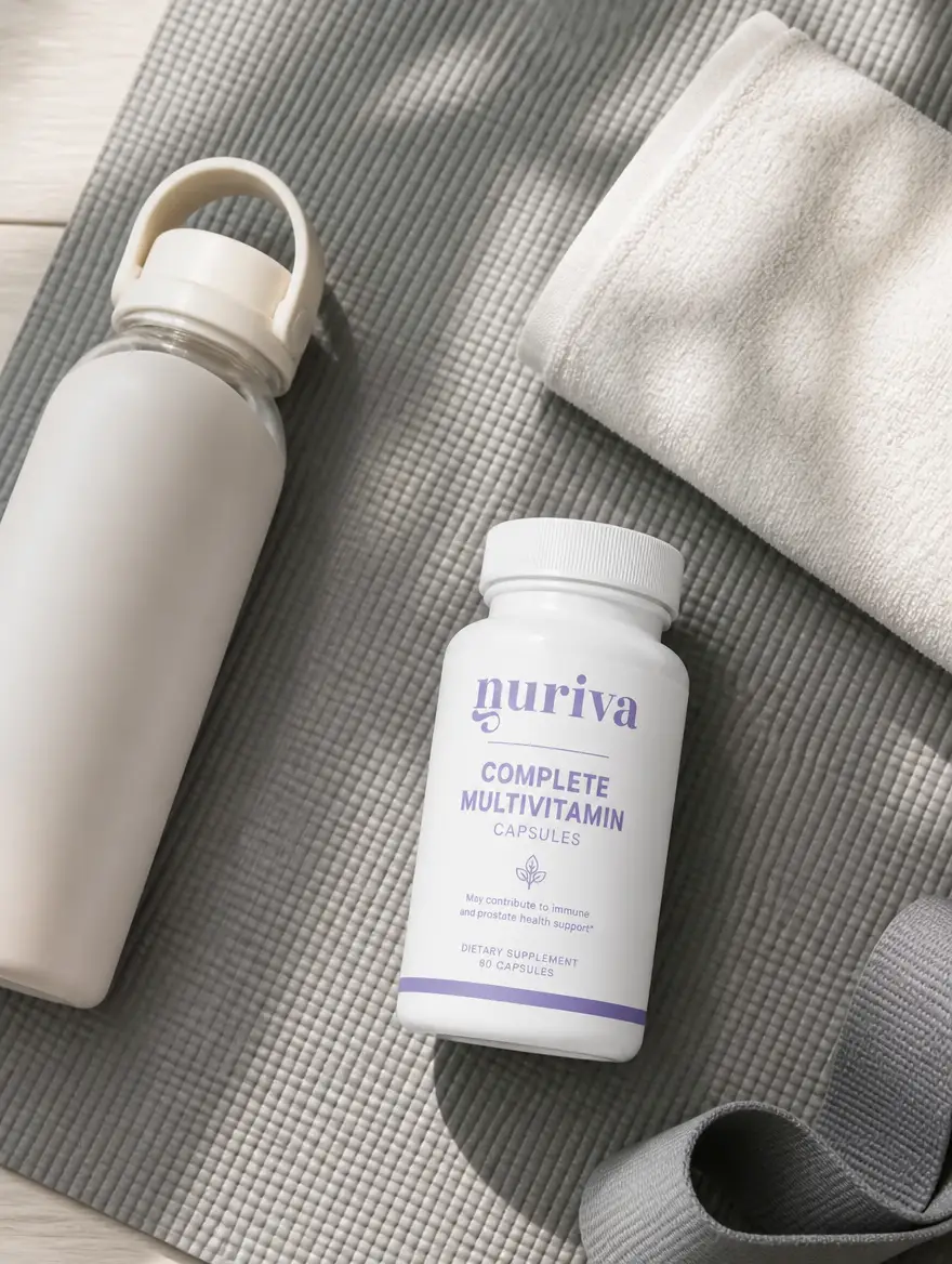 Nuriva Complete Multivitamin on a yoga mat