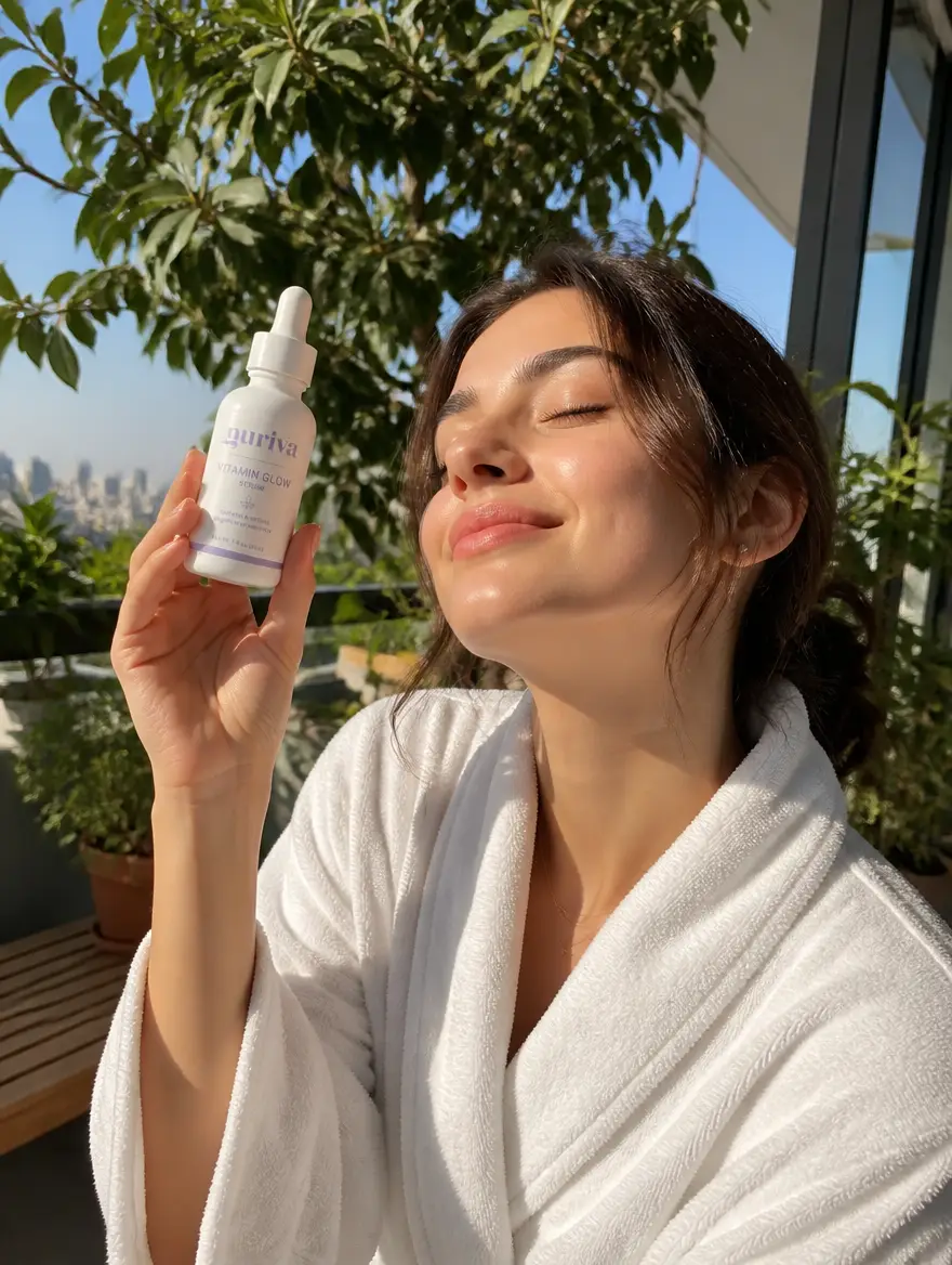 Woman in the sun holding Nuriva Vitamin Glow Serum