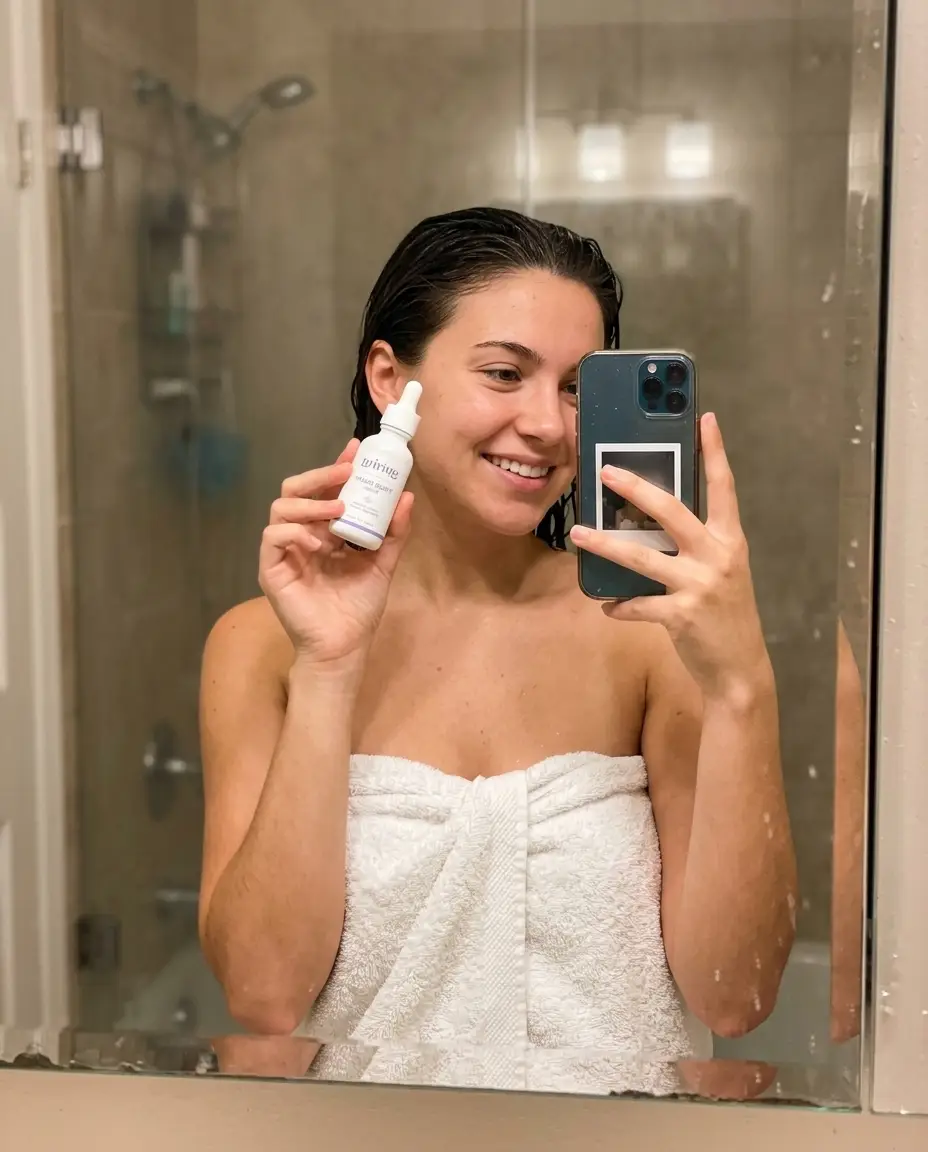 Mirror selfie holding Nuriva Vitamin Glow Serum
