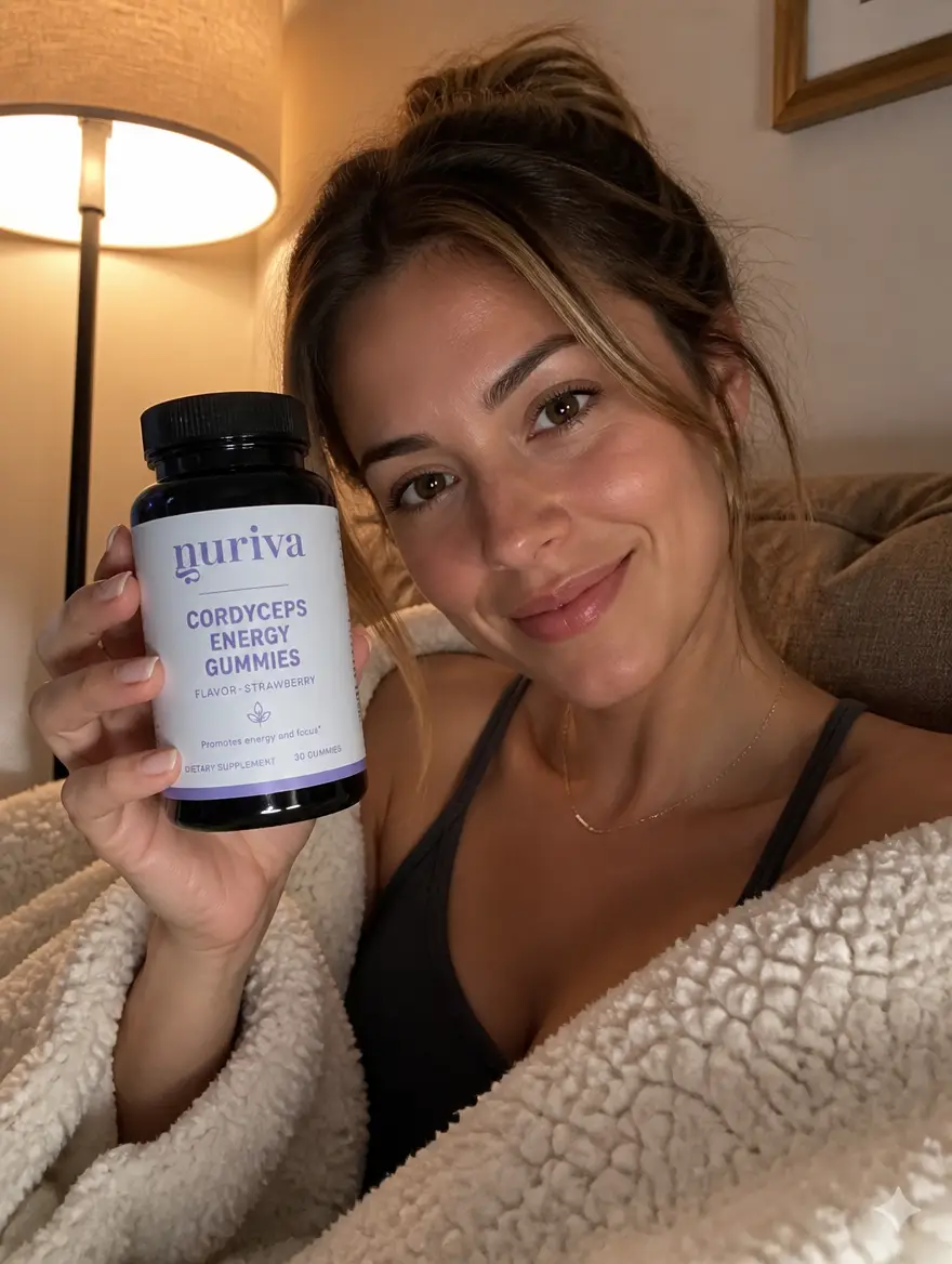 Woman on the couch with Nuriva Cordyceps Energy Gummies