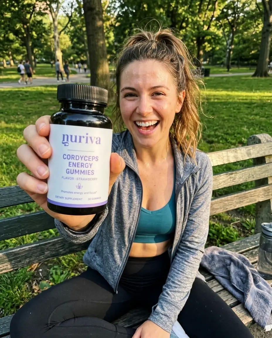 Woman in a park holding Nuriva Cordyceps Energy Gummies
