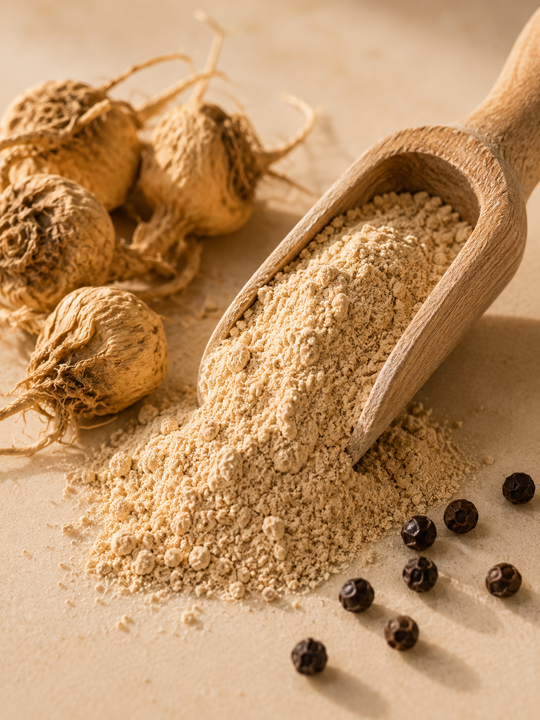 Close-up of Nuriva supplement powder on a wooden spoon
