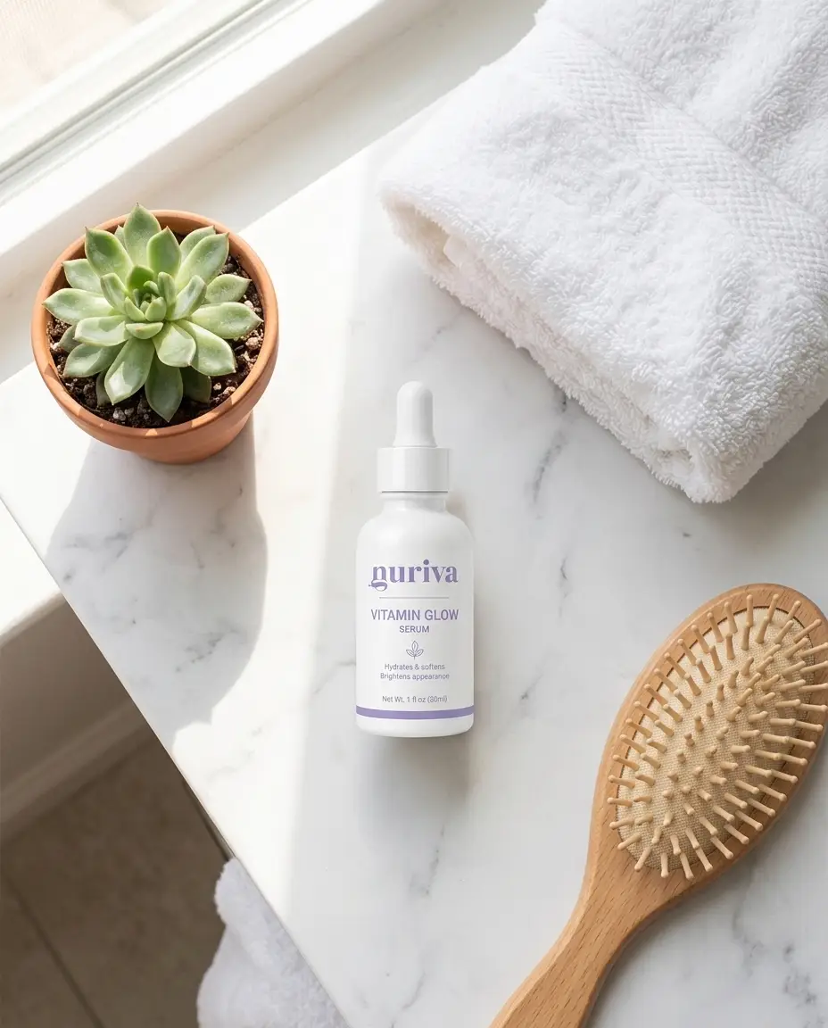 Nuriva Vitamin Glow Serum on a marble bathroom counter