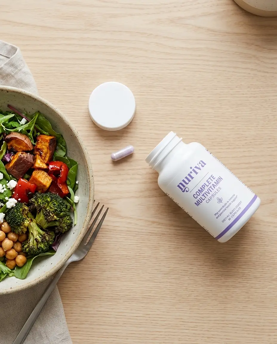 Nuriva Complete Multivitamin next to a fresh salad bowl