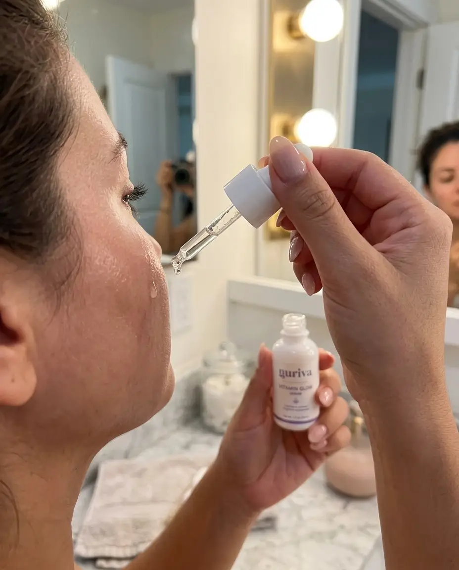 Applying Nuriva Vitamin Glow Serum with a dropper