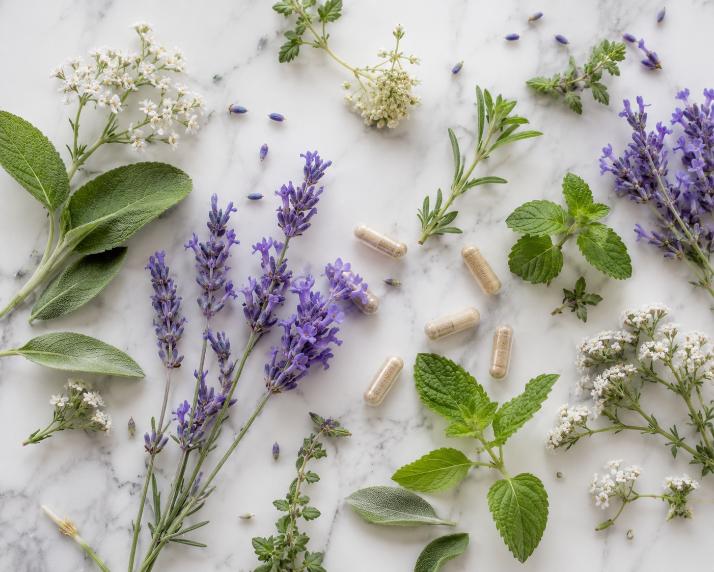 Botanical herbs and capsules flat lay